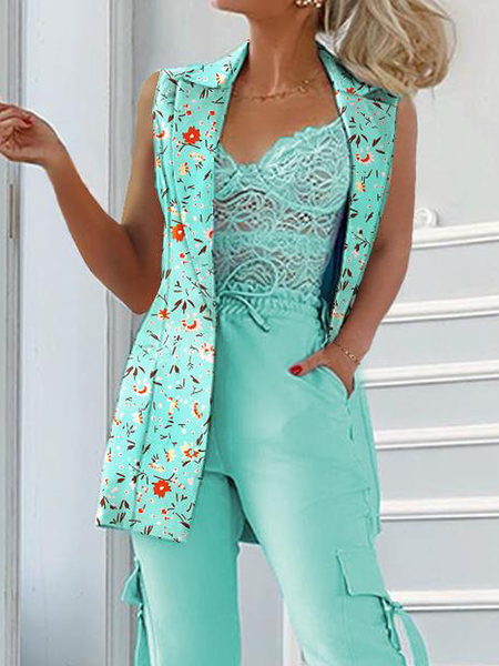 

Lightweight Urban Lapel Collar Sleeveless Loose Floral Blazer, Green, Blazers