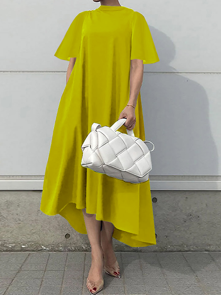 

Loose Short sleeve Stand Collar Urban Long Dress, Yellow, Maxi Dresses
