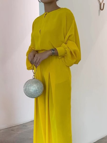 

Elegant Crew Neck Plain Regular Fit Blouse, Yellow, Blouses and Shirts