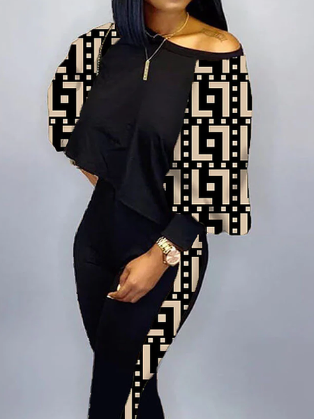 

Plus Size Geometric Casual Asymmetrical Loose Long sleeve Sweatshirt, Black, Plus Tops