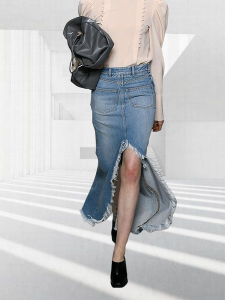 

Regular Fit Plain Denim Casual Denim Skirt, Blue, Skirts