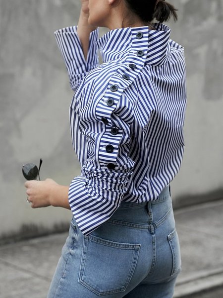 

Plus Size Urban Stand Collar Striped Blouse, Blue, Tops