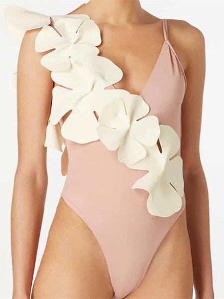 

Plain V Neck Vacation One-Piece, Pink, One-Pieces