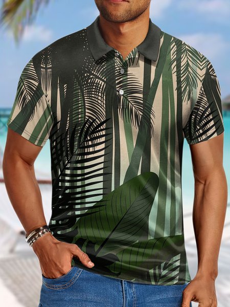 

Men’s Outdoor Vacation Plant Pattern Casual Regular Fit Polo Collar Polo Shirt, As picture, T-shirts