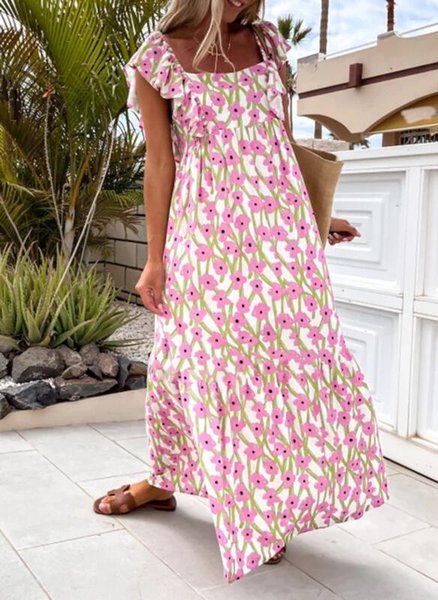 

Vacation Disty Floral Square Neck Flouncing Dress, Pink, Dresses