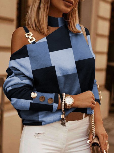 

Plus Size Geometric One Shoulder Loose Casual Shirt, Blue, Tops