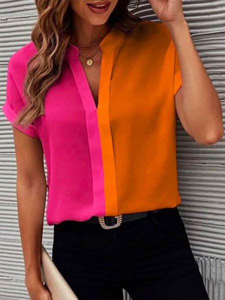 

Plus Size Color Block V Neck Urban Loose Blouse, As picture, Plus Tops