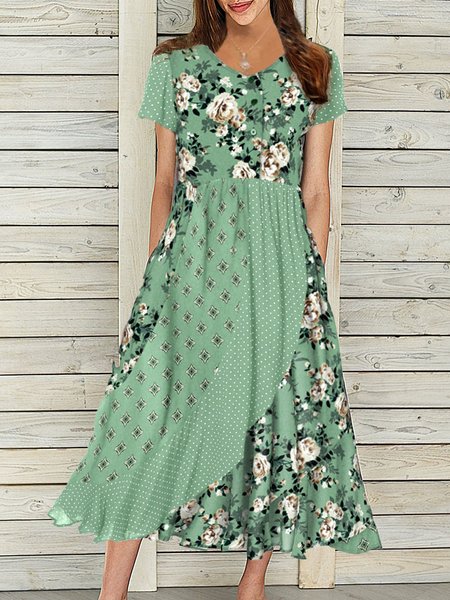 

Floral Casual Crew Neck Regular Fit Dress, Green, Midi Dresses
