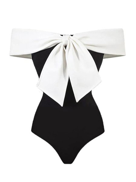

Elegant Bow Boat Neck Plain One-Piece, Black, One-Pieces