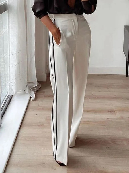 

Plus Size Loose Urban Color Block Long Straight Pants, White, Plus Bottoms