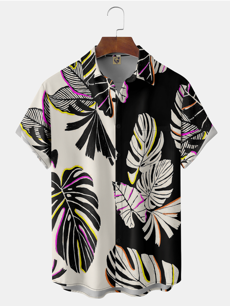 

Tropical Plants Lemon Chest Pocket Short Sleeve Hawaiian Shirt, Black, Men Shirts