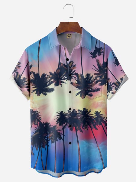 

Coconut Tree Chest Pocket Short Sleeve Hawaiian Shirt, Blue, Men Shirts