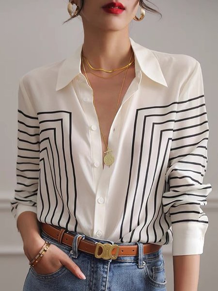 

Plus Size Urban Loose Striped Shirt Collar Blouse, White, Plus Tops