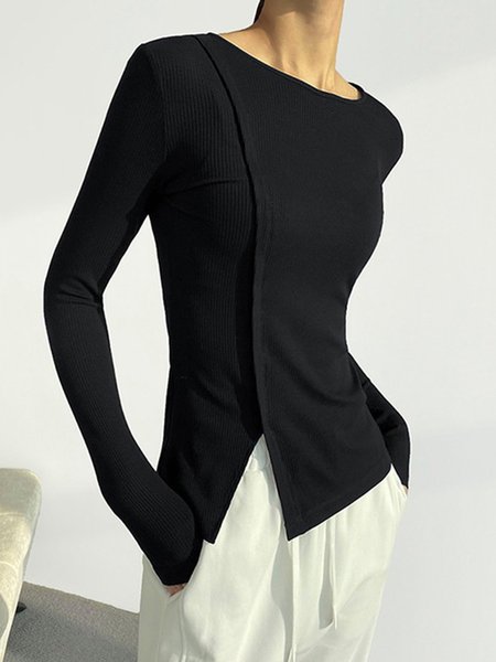 

Plus Size Crew Neck Regular Fit Urban Plain Split T-Shirt, Black, Tops