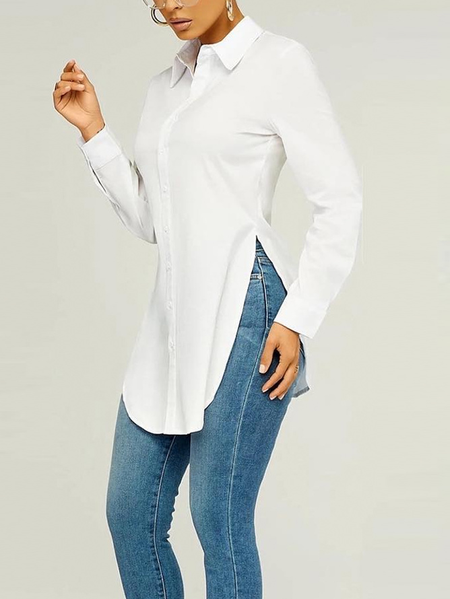 

Plus Size Urban Plain Regular Fit Shirt Collar Blouse, White, Tops