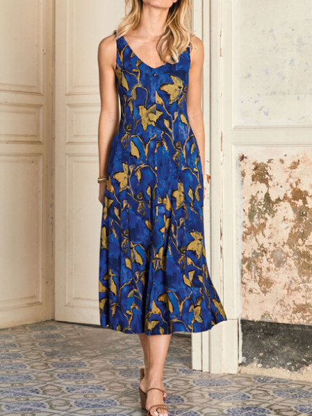 

V Neck Floral Loose Boho Dress, Blue, Dresses
