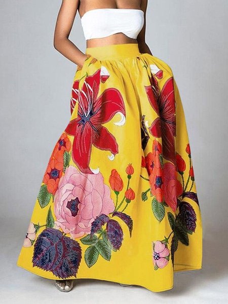 Floral Vacation A-line Long Skirt, Yellow, Skirts