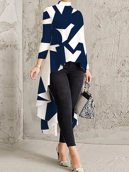 

Plus Size Abstract Stand Collar Three Quarter Loose Urban Mid-long Shirt, Blue, Plus Tops