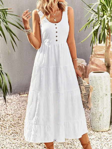 

Crew Neck Casual Plain Dress, White, Midi Dresses