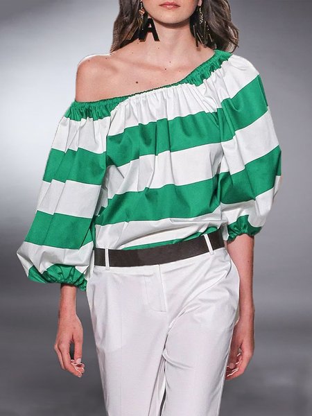 

Elegant Striped Lantern Sleeve Regular Fit Shirt, Green, Blouses and Shirts