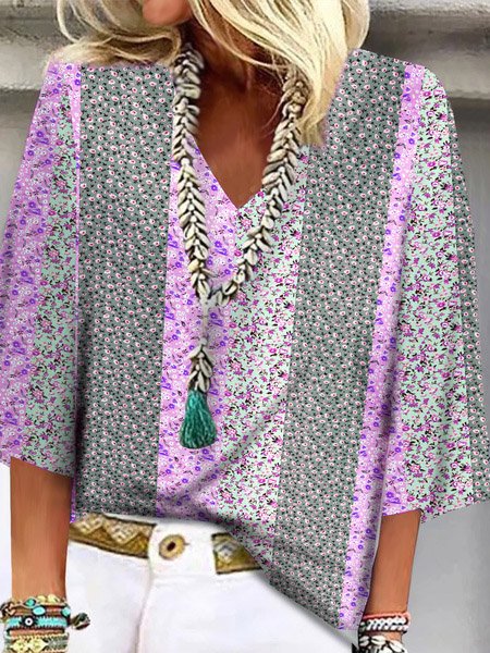 

Floral Printing Casual Loose Shirt, Purple, Blouses