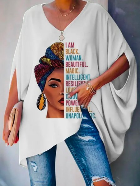 

Plus Size Batwing Sleeve Urban V Neck Loose Abstract Figure Shirt, White, Plus Tops