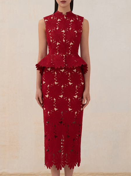 

Lace Elegant Wedding Guest Dress, Red, Midi Dresses