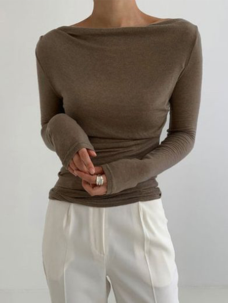 

Plus Size Casual Boat Neck Tight T-Shirt, Coffee, Tops