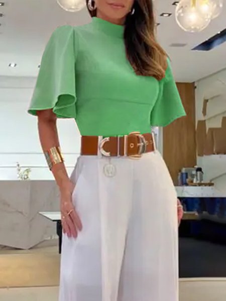 

Elegant Regular Fit Stand Collar Plain T-Shirt, Green, Tees