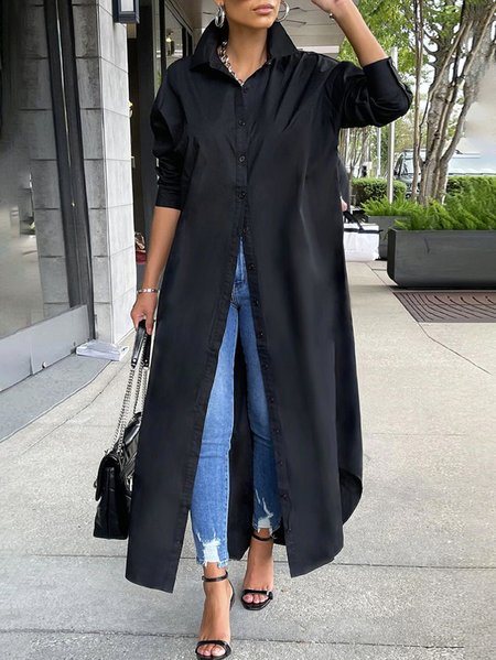 

Plus Size Plain Urban Shirt Collar Loose Dress, Black, Plus Dresses