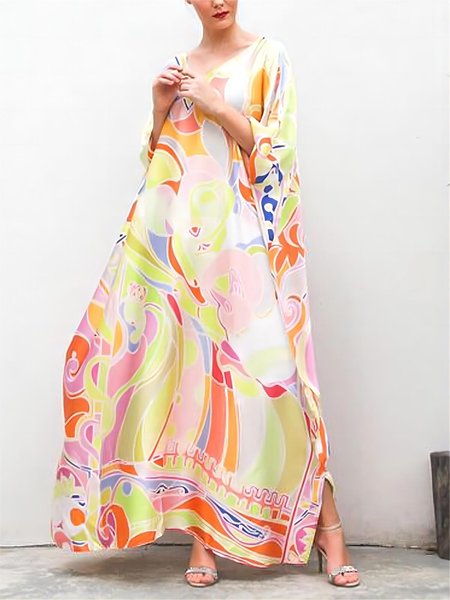 

Loose Vacation Crew Neck Floral Dress, As picture, Maxi Dresses