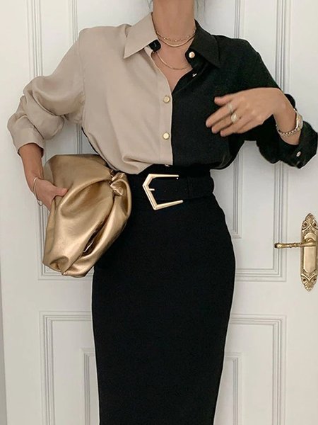 

Plus Size Urban Color Block Loose Blouse, Khaki, Plus Tops
