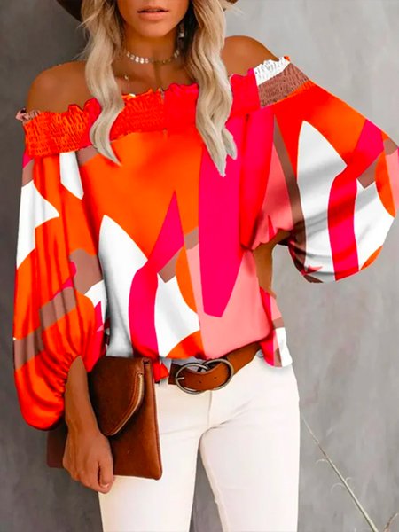 

Plus Size Geometric Vacation Boat Neck Loose Shirt, Orange, Plus Tops