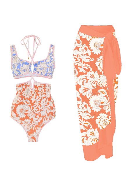 

Elegant Floral Printing Scoop Neck One Piece With Cover Up, Orange red, One-Pieces