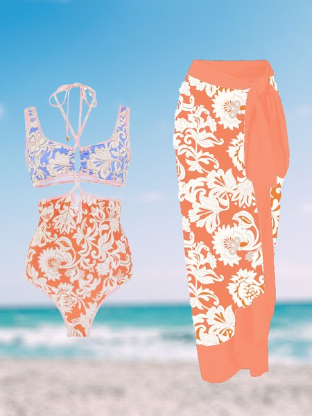 

Elegant Floral Printing Scoop Neck One Piece With Cover Up, Orange red, swimwear>>One-Pieces