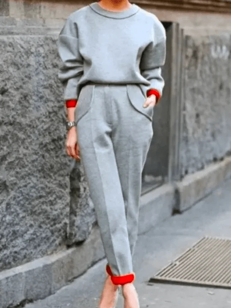 

Plus Size Loose Micro-Elasticity Urban Color Block Long sleeve Two-Piece Set, Gray, Two-piece-set