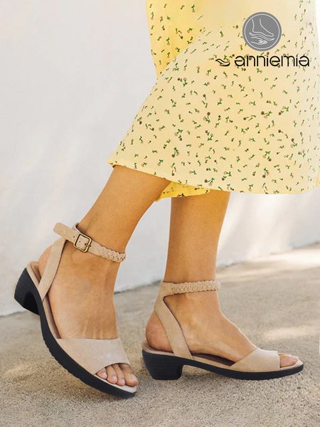 

Apricot Braided Belt One-word Belt Thick-heeled Sandals, Sandals