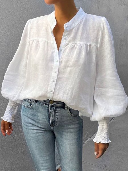 

Plus Size Stand Collar Urban Lantern Sleeve Plain Blouse, White, Plus Tops