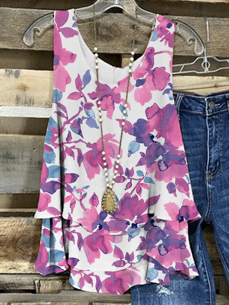 

Casual Loose Crew Neck Floral Tank Top, Purple red, Tanks & Camis