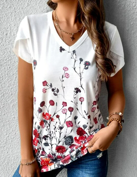 

V Neck Casual Regular Fit Floral T-Shirt, White, T-Shirts