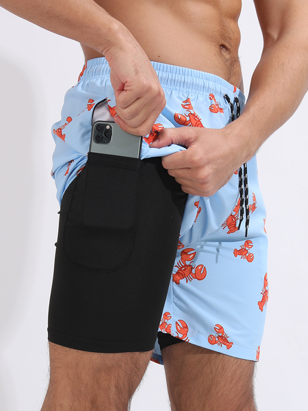 

2 in 1 Running Shorts with Phone Pocket Quick Dry Workout Gym Shorts, Light blue, Men's shorts