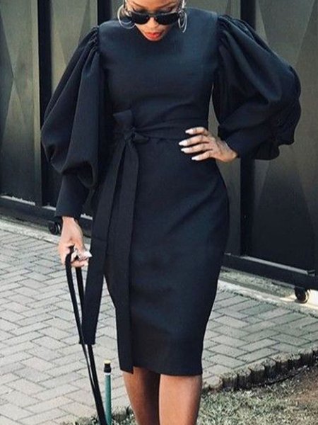 

Plus Size Elegant Crew Neck Plain Regular Fit Dress, Black, Plus Dresses