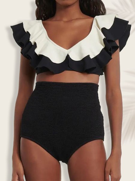 

Plain Flouncing Elegant Bikini, Black, Bikini Sets