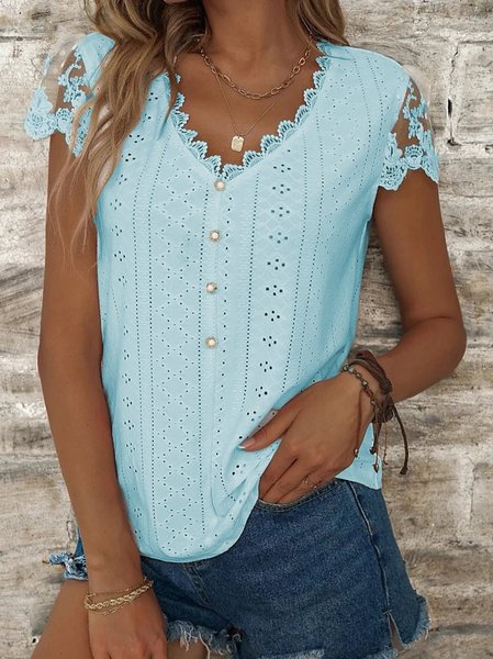 

Loose V Neck Plain Casual T-Shirt, Blue, T-shirts