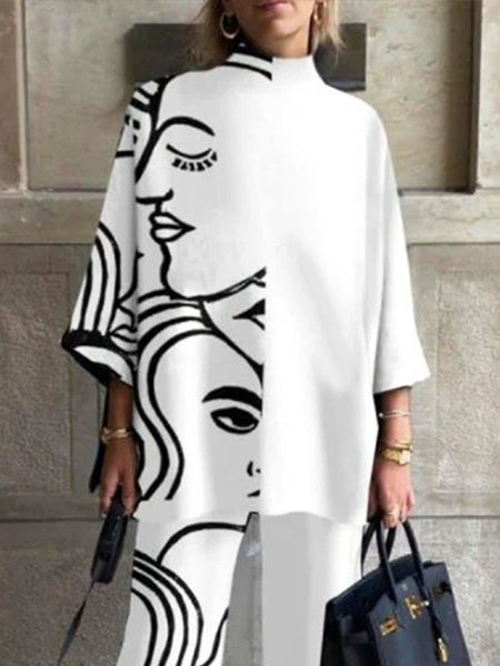 

Plus Size Abstract Urban Loose Shirt, White, Plus Tops