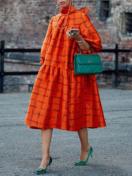 

Plus Size Loose Turtleneck Elegant Lantern Sleeve Dress, Orange, Dresses