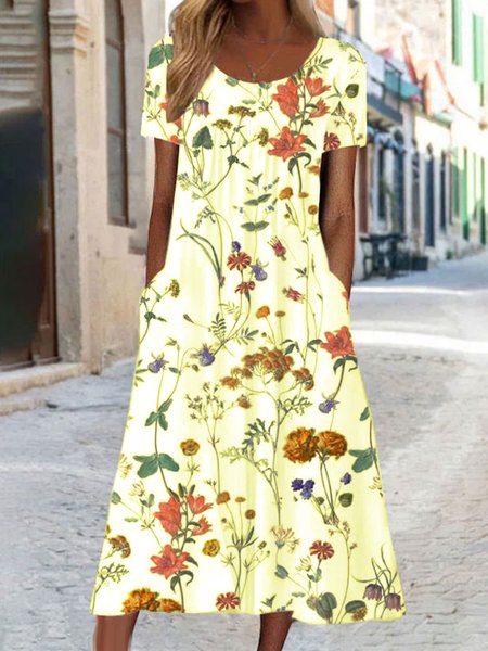 

Women Casual Disty Floral Natural Daily Loose Short Sleeve H-Line Regular Dresses, Yellow, Midi