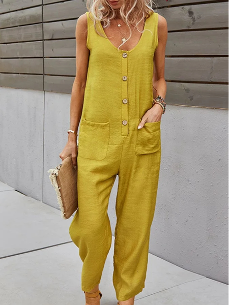 

Pocket Stitching Simple Crew Neck Jumpsuit, Yellow, Jumpsuits＆Rompers