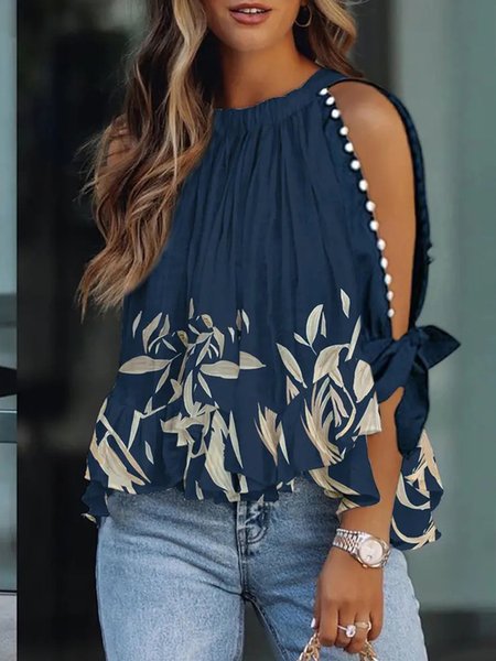 Plus Size Loose Vacation Floral Beaded Cold Shoulder Shirt, Blue, Plus Tops