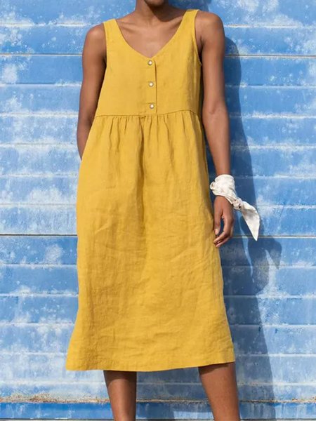 

V Neck Plain Linen Buttoned Dress, Yellow, Dresses